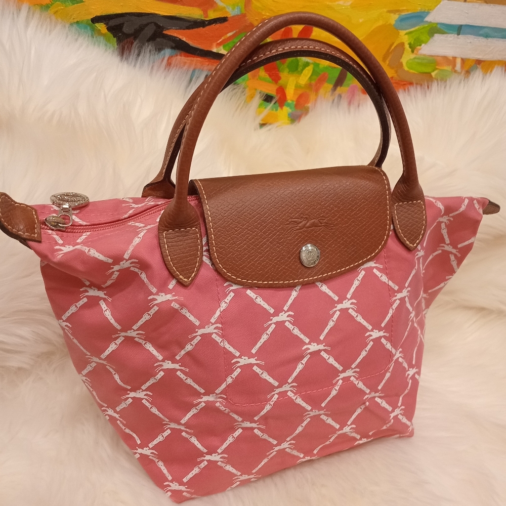 Longchamp Pink Patterned Le Pliage Top-Handle Tote with Brown Trim